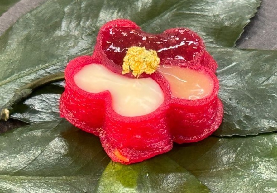 food 4 futere うまみ つばき「花蜜のチーズケーキ」：苺とチーズと花の蜜を使った旨みのハーモニーの料理 月刊ソフトマター