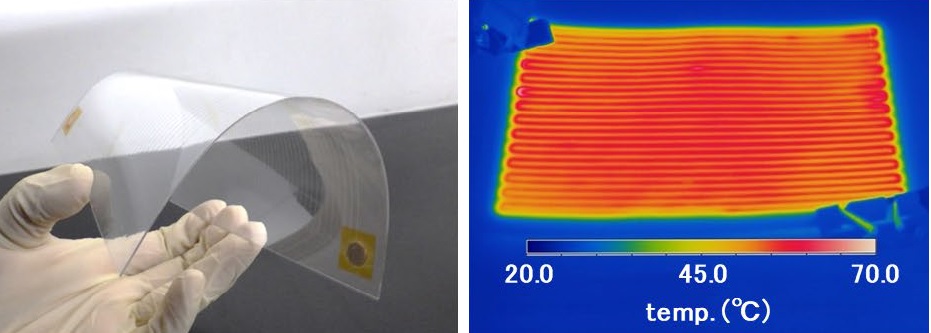 ダイセル　銀ナノ粒子インク　曲げられる透明ヒーター外観（左）と通電時の発熱観察（右）　月刊ソフトマター　メカニカル・テック社