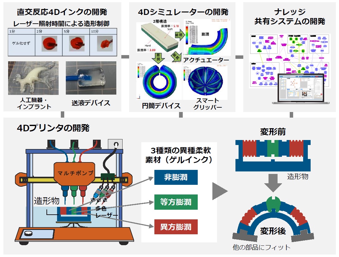 山形大学　図1　「革新的異種柔軟材料3D/4Dものづくり基盤の構築」における研究開発項目　月刊ソフトマター